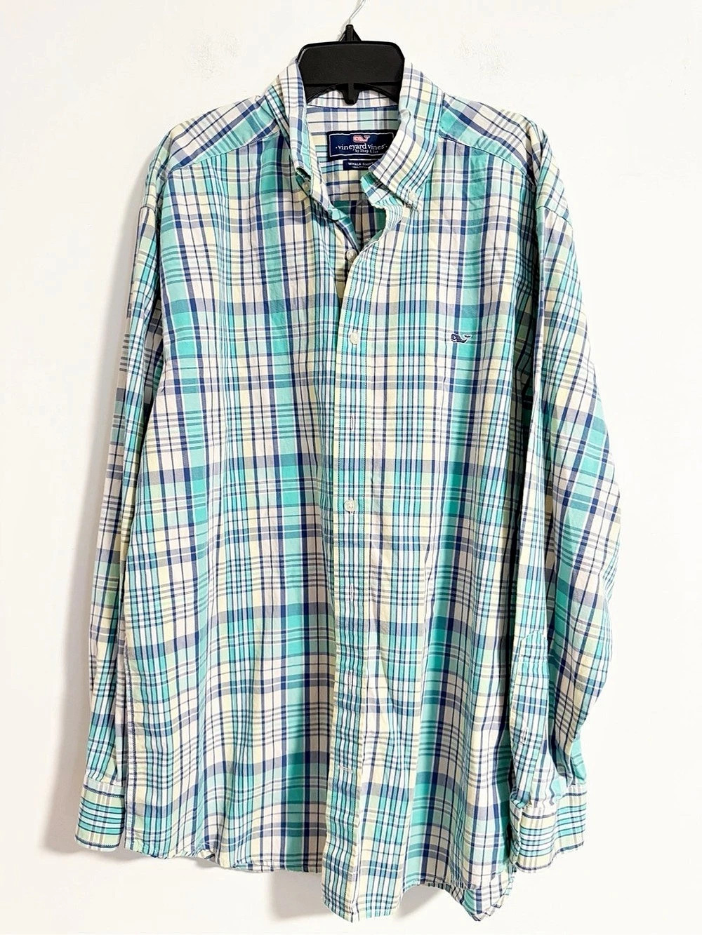 Vineyard Vines Mens Whale Shirt Blue Green Plaid Button Down Size Large L